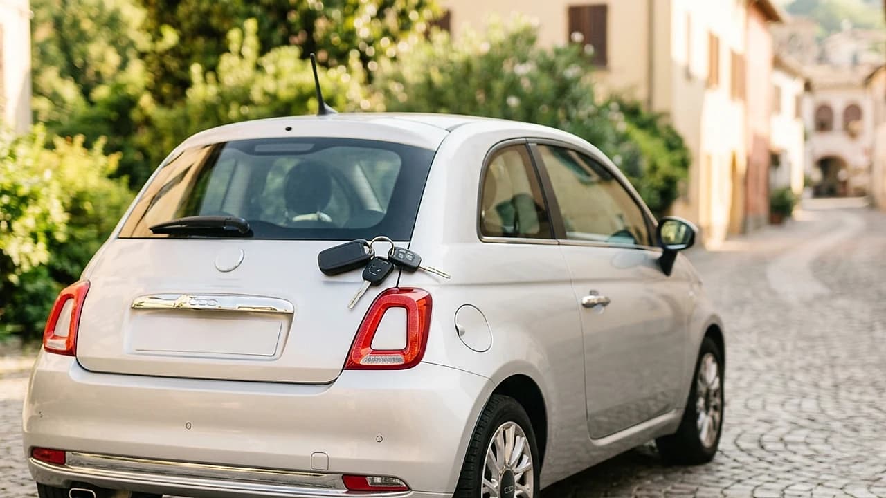 Chiavi d'auto sul cofano di una citycar italiana, simbolo del prestito auto e della comunicazione dati conducente 2026