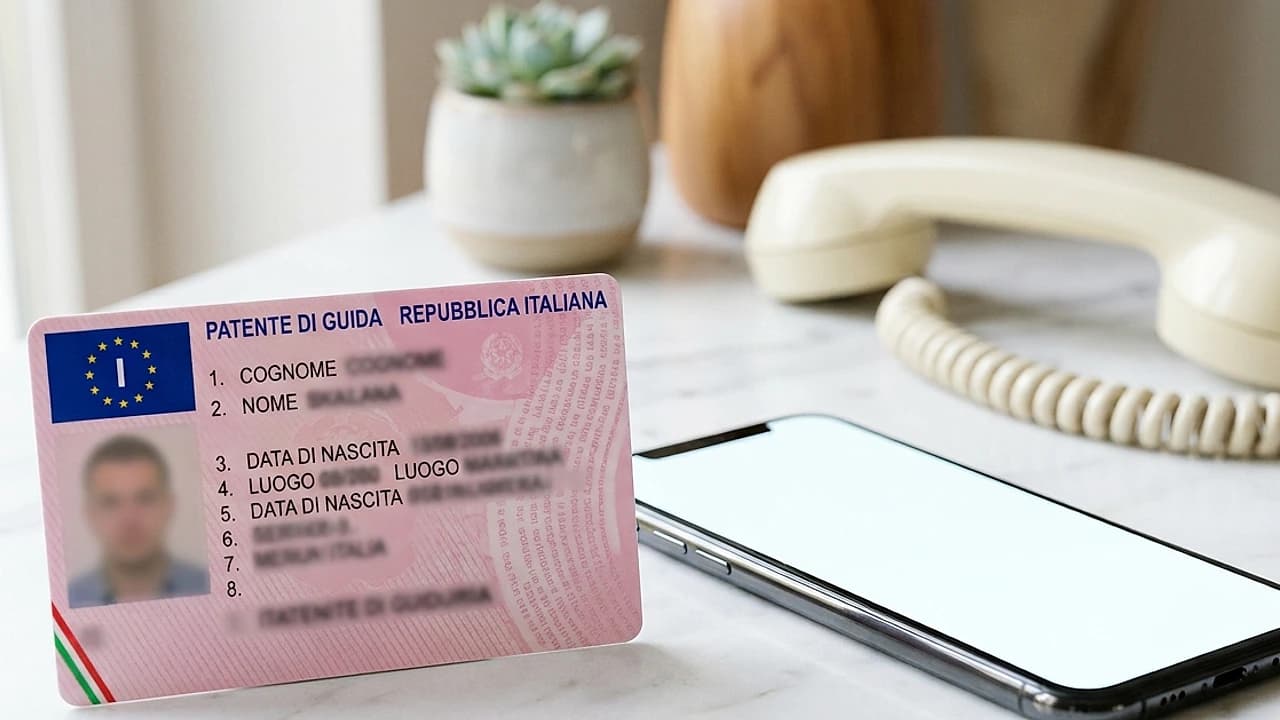 Patente di guida italiana accanto a uno smartphone, controllo punti patente senza SPID tramite telefono e app