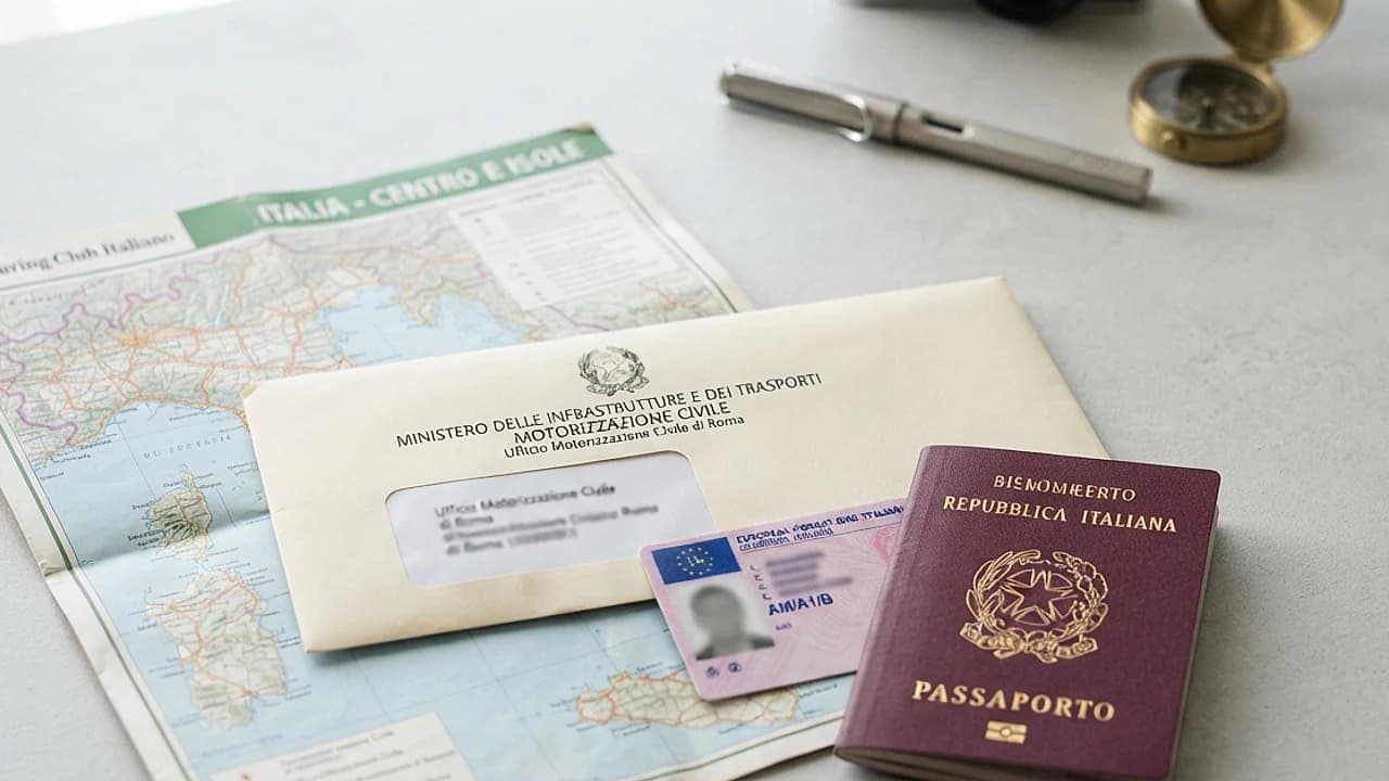 Patente estera UE e passaporto italiano su mappa chiara, conversione patente estera in Italia 2026 alla Motorizzazione