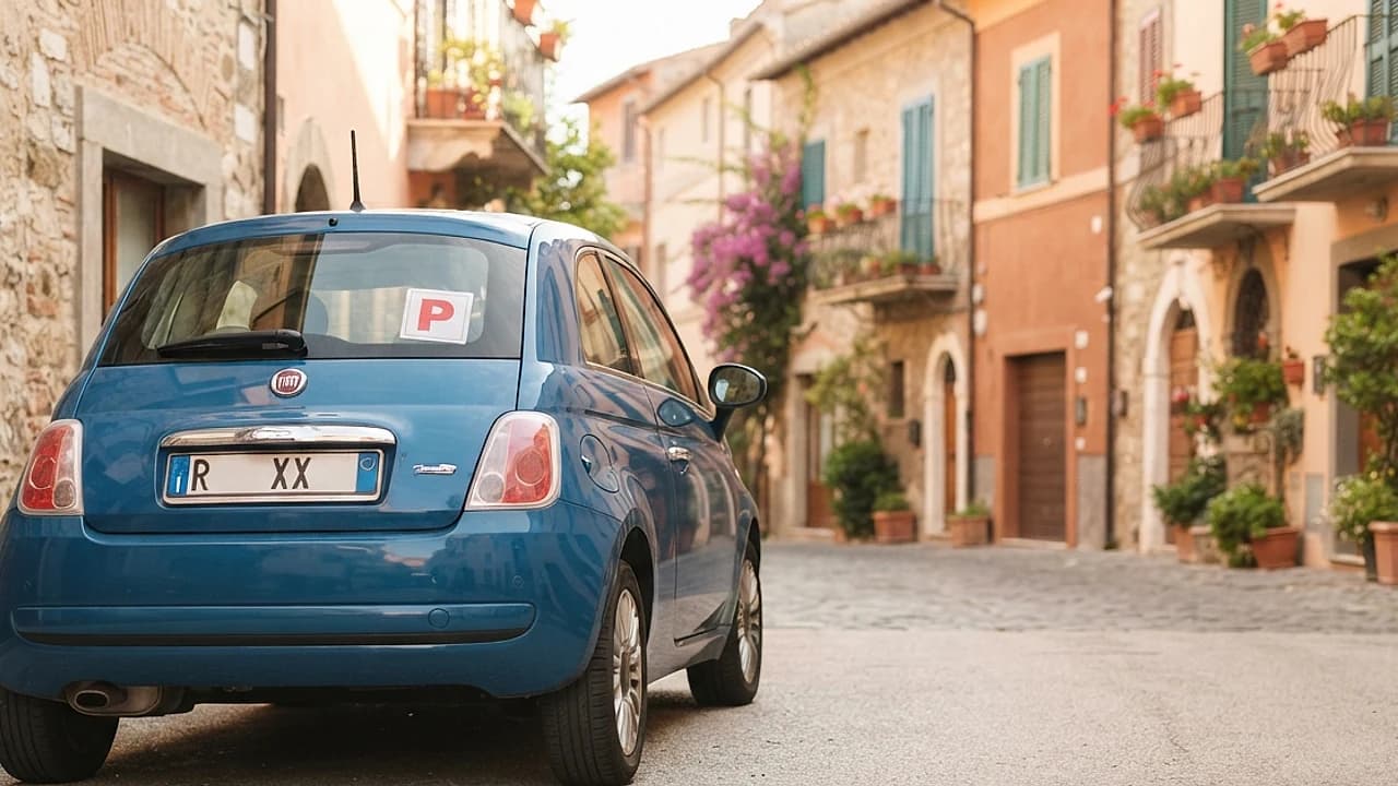 Auto con contrassegno P per esercitazione di guida, simbolo del foglio rosa 2026