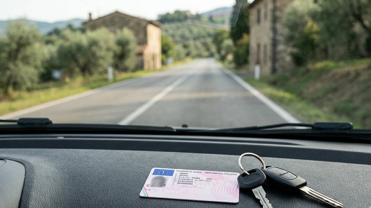 Patente di guida italiana su cruscotto auto con chiavi, sfondo parabrezza con strada italiana, luce naturale 2026