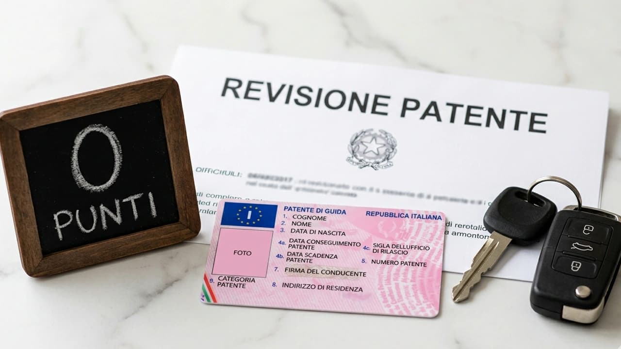 Patente italiana con notifica di revisione e indicatore zero punti su superficie marmo bianco, guida 2026