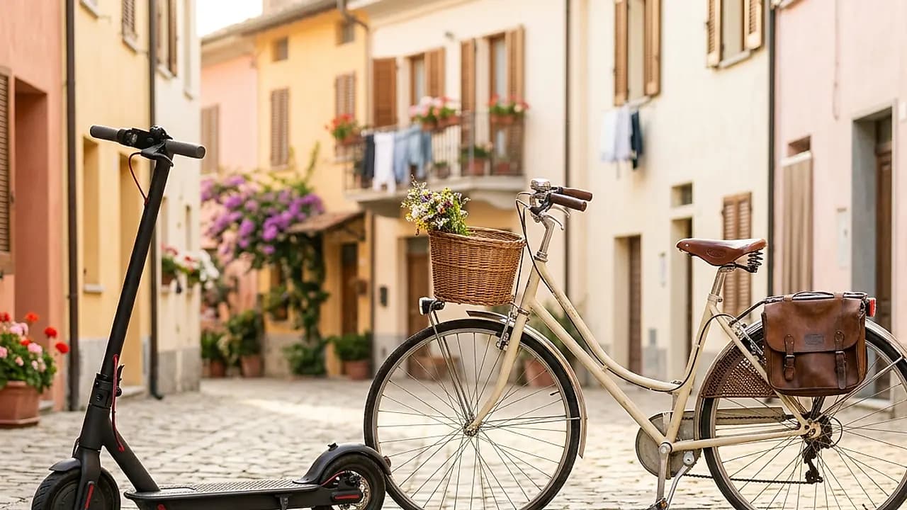 Monopattino elettrico e bicicletta parcheggiati in una strada italiana luminosa, regole punti patente 2026