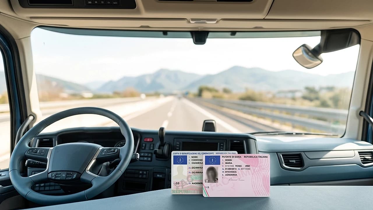 Cruscotto di un camion con patente professionale e Carta di Qualificazione del Conducente: punti patente e CQC 2026