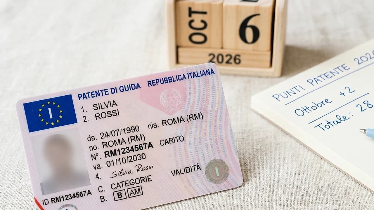 Documento patente di guida italiana con calcolatrice e foglio note punti patente 2026