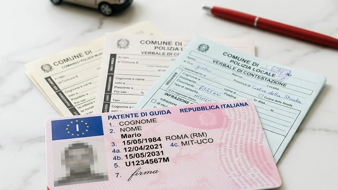 Paletta di controllo stradale accanto a una patente italiana e più verbali di multa, punti patente 2026