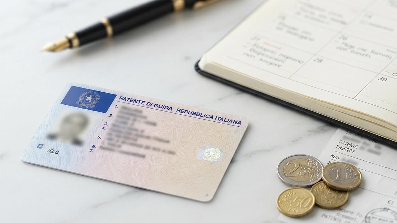 Patente di guida italiana accanto a un calendario e a monete, rinnovo patente 2026 costi e scadenze
