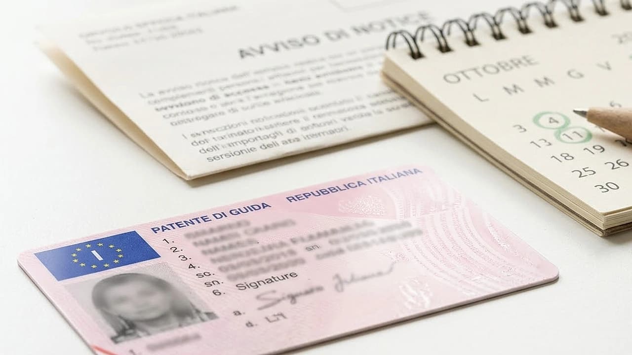 Patente di guida italiana su una scrivania accanto a un verbale piegato e a un calendario: cosa fare dopo il ritiro patente
