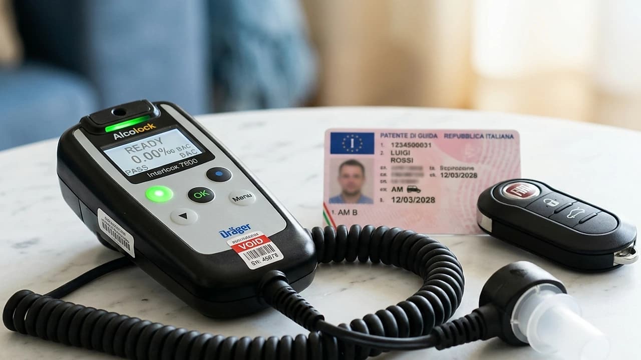 Dispositivo alcolock con boccaglio accanto alle chiavi dell'auto e a una patente di guida italiana su banco chiaro