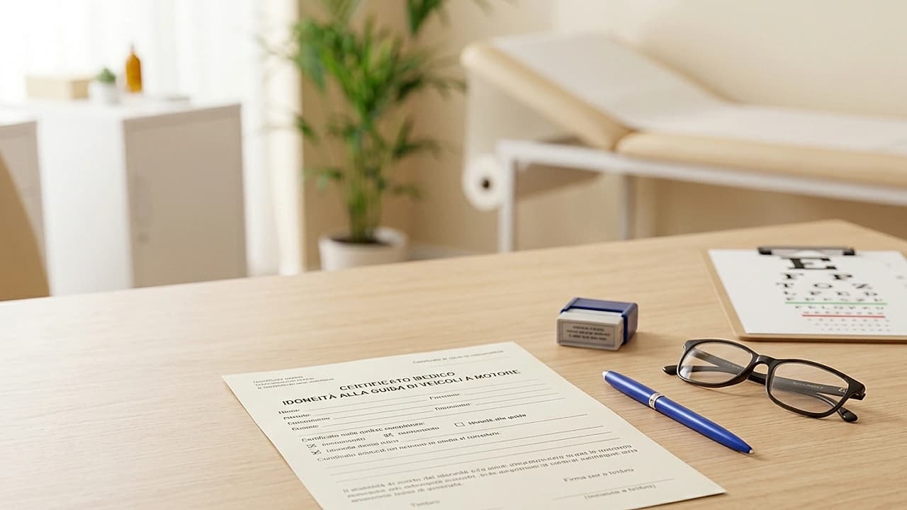 Medico legale compila il certificato di idoneità alla guida su una scrivania luminosa con occhiali e ottotipo.