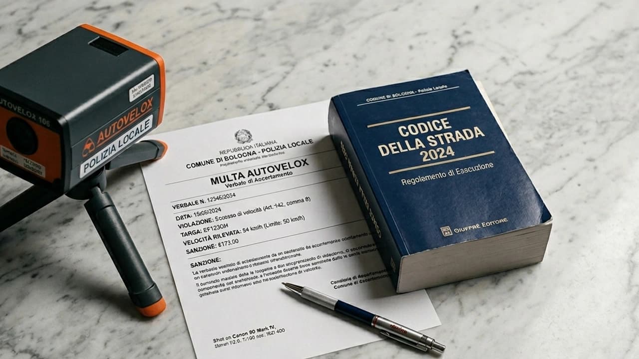 Autovelox, verbale multa autovelox e Codice della Strada italiano 2024 su superficie marmo con penna