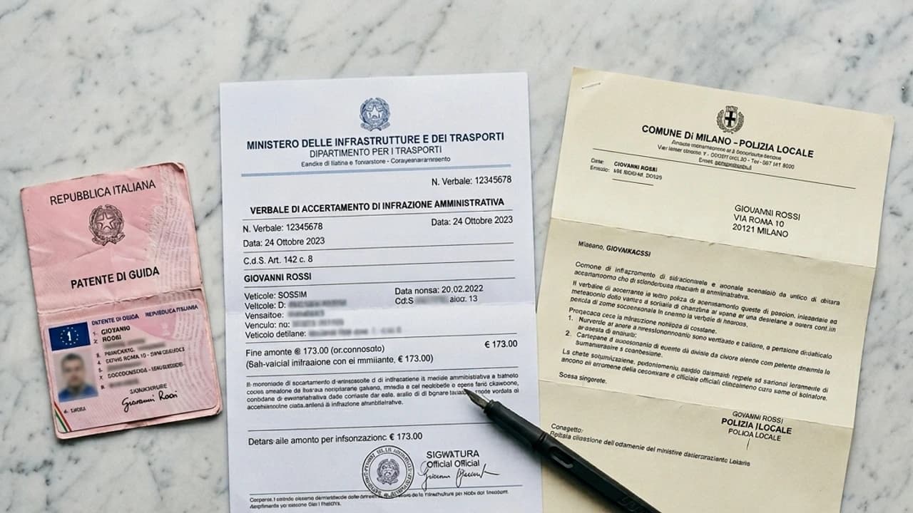 Patente di guida italiana aperta accanto a un verbale di infrazione e una lettera MIT con penna stilografica, vista dall'alto su sfondo marmoreo chiaro