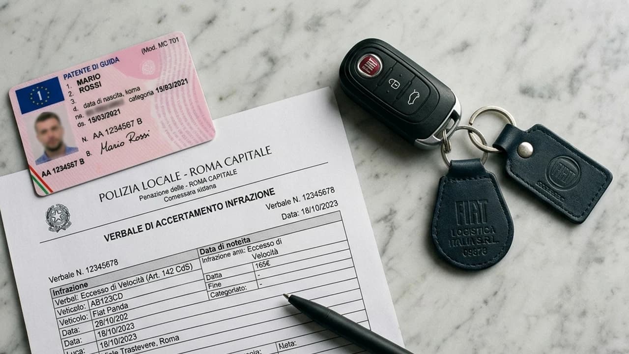 Verbale di infrazione stradale e chiavi di auto aziendale su scrivania con patente di guida italiana, contesto amministrativo professionale 2026.