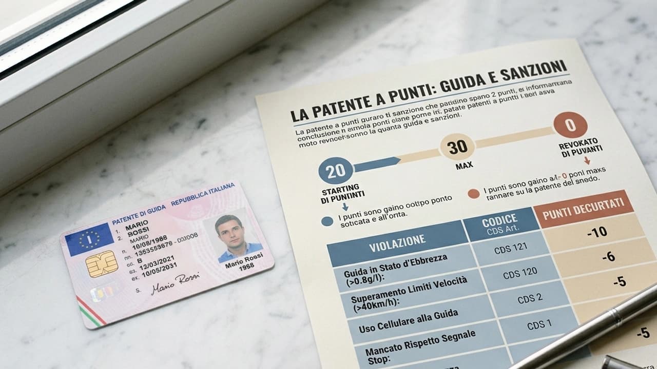 Patente di guida italiana su superficie in marmo bianco con penna e foglio punti patente.