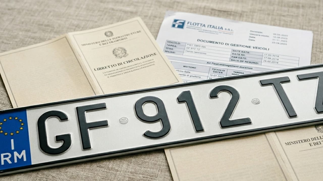 Patente di guida italiana e documenti aziendali su scrivania di ufficio, gestione flotta veicoli aziendali 2026