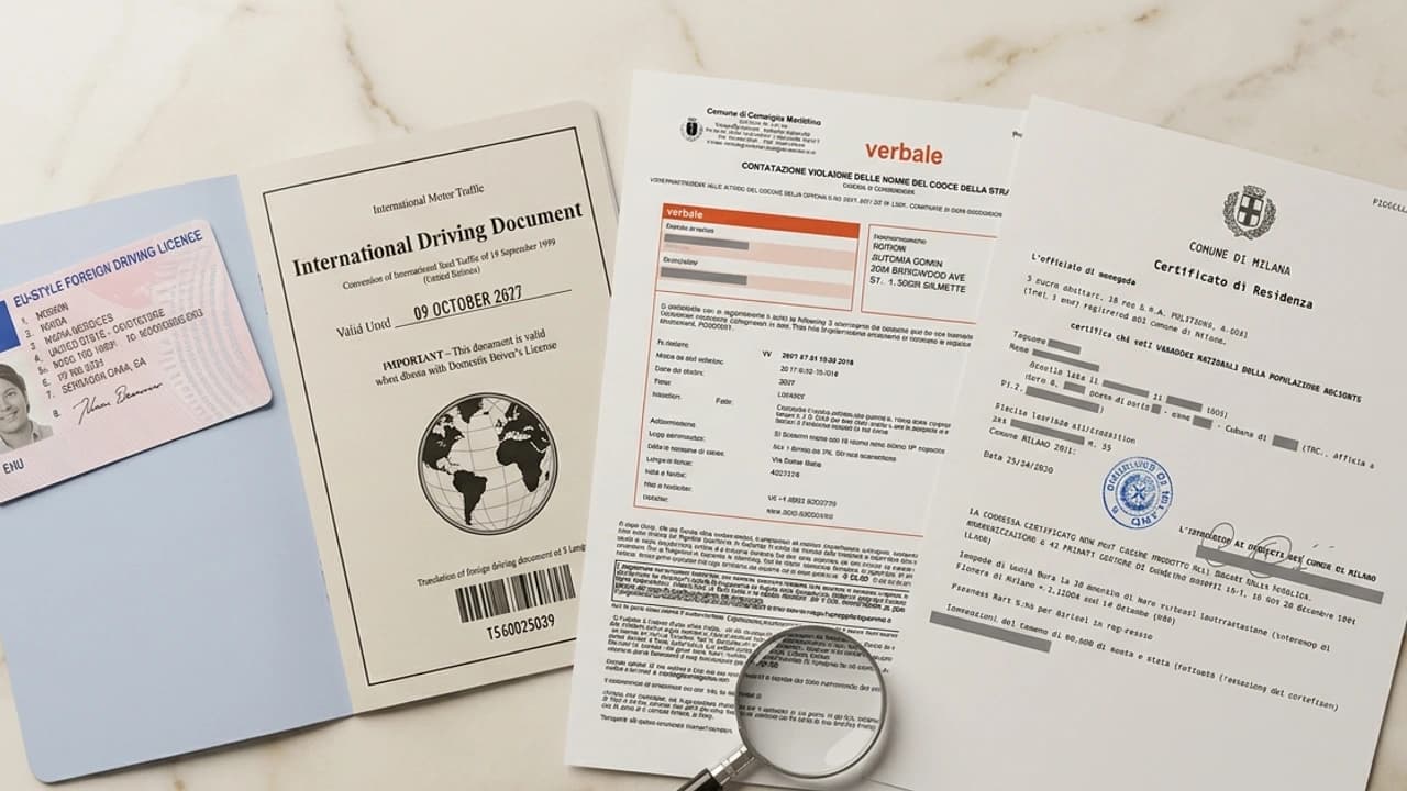 Patente di guida estera, permesso internazionale e verbale di contestazione su scrivania, sistema a punti italiano per conducenti stranieri 2026