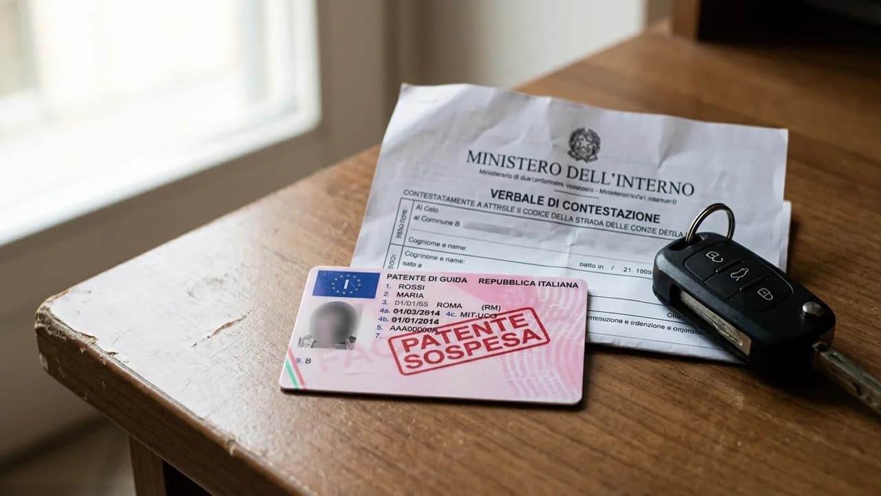 Patente di guida italiana ritirata con verbale di violazione al Codice della Strada su scrivania in legno