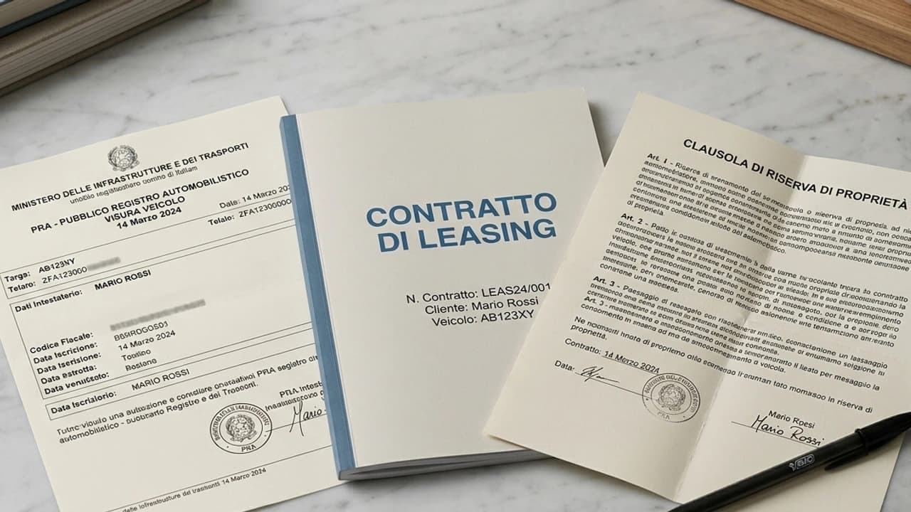 Estratto PRA con annotazione leasing e documenti di contratto auto su superficie chiara, penna appoggiata in diagonale