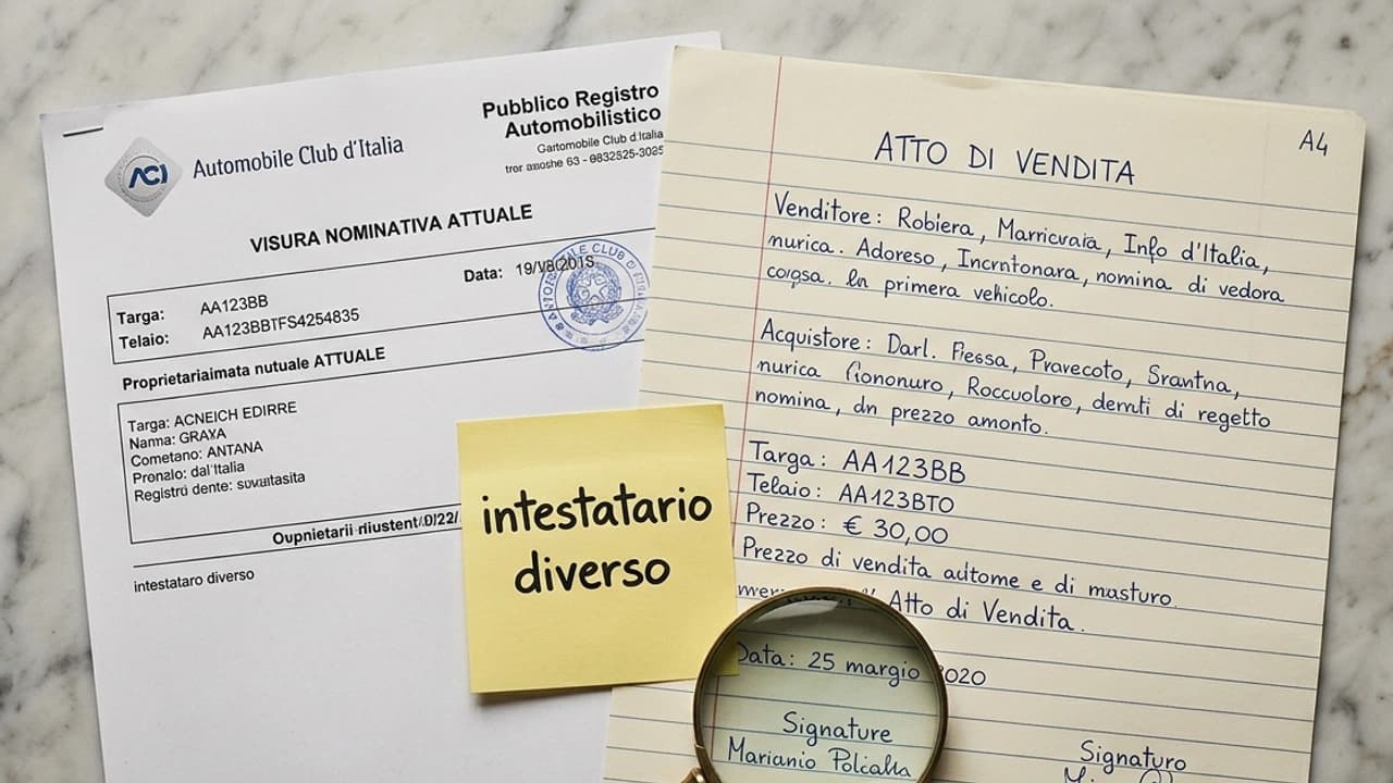 Visura PRA su carta con atto di vendita auto e penna, intestatario diverso dal venditore evidenziato