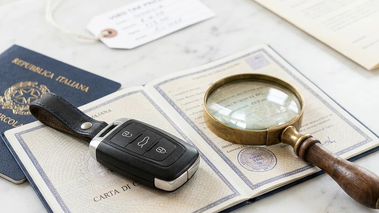Chiave d’auto e lente d’ingrandimento su una carta di circolazione, controllo di un’auto usata prima dell’acquisto