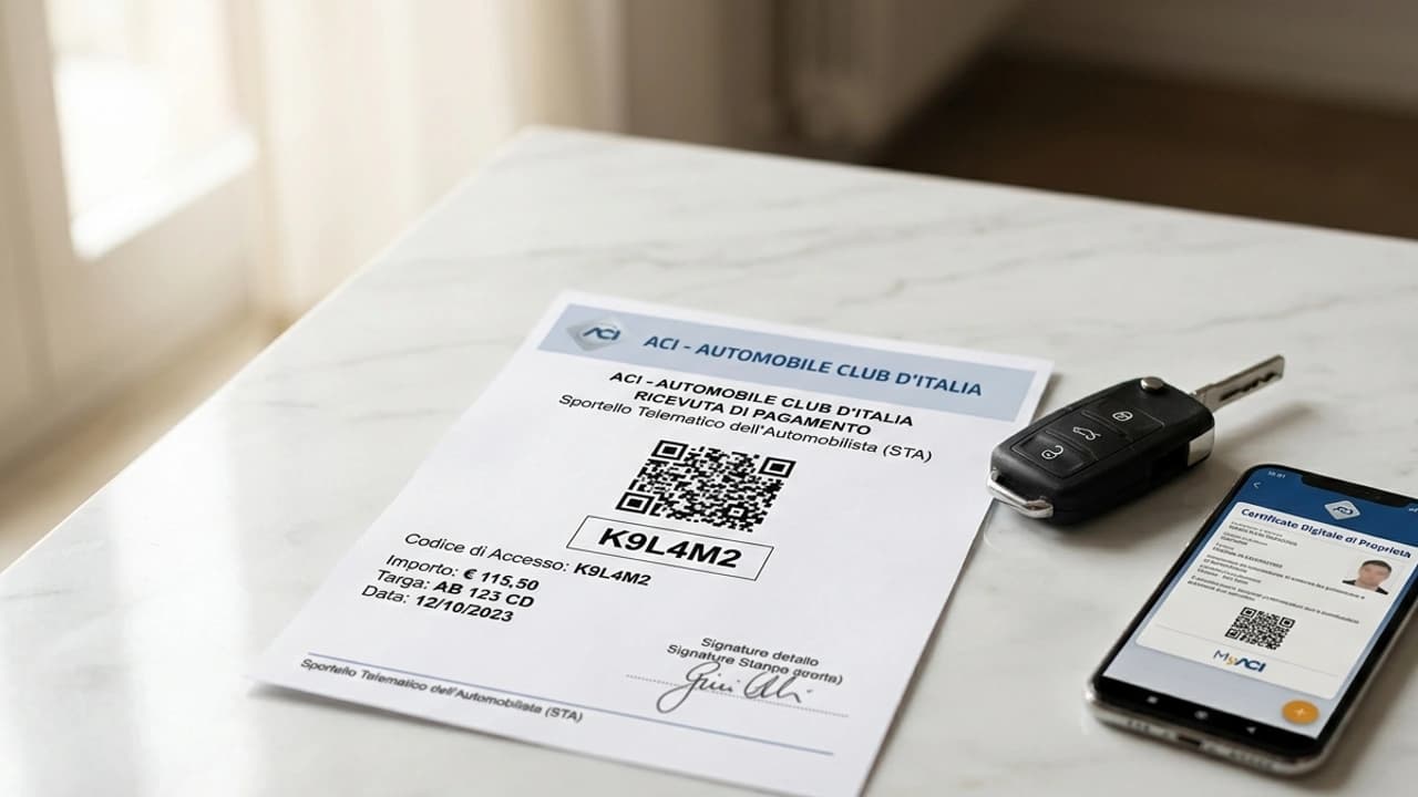 Ricevuta ACI con codice alfanumerico e QR code su superficie di marmo bianco accanto a chiave auto e smartphone con certificato digitale