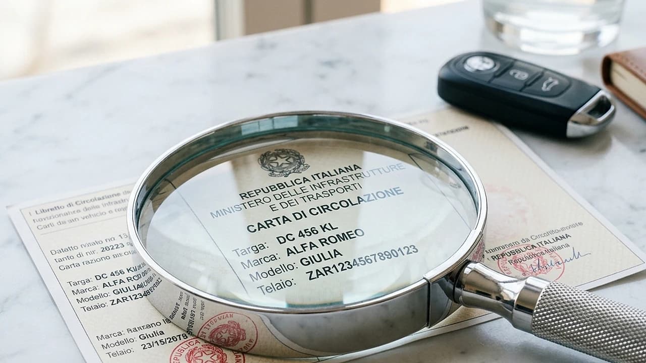 Documento Unico di circolazione auto 2026 con lente d'ingrandimento sui campi e i codici tecnici del veicolo