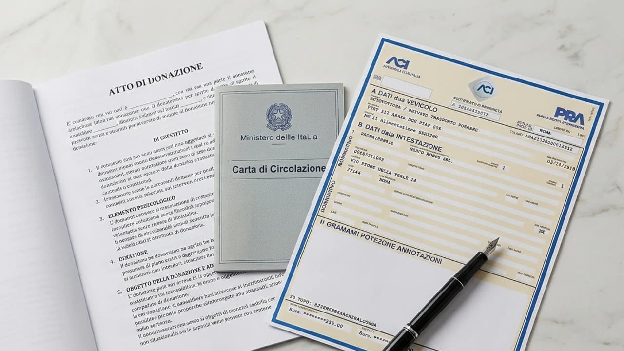 Atto di donazione auto e certificato di proprietà veicolo sul tavolo con penna, pronti per la trascrizione al PRA 2026