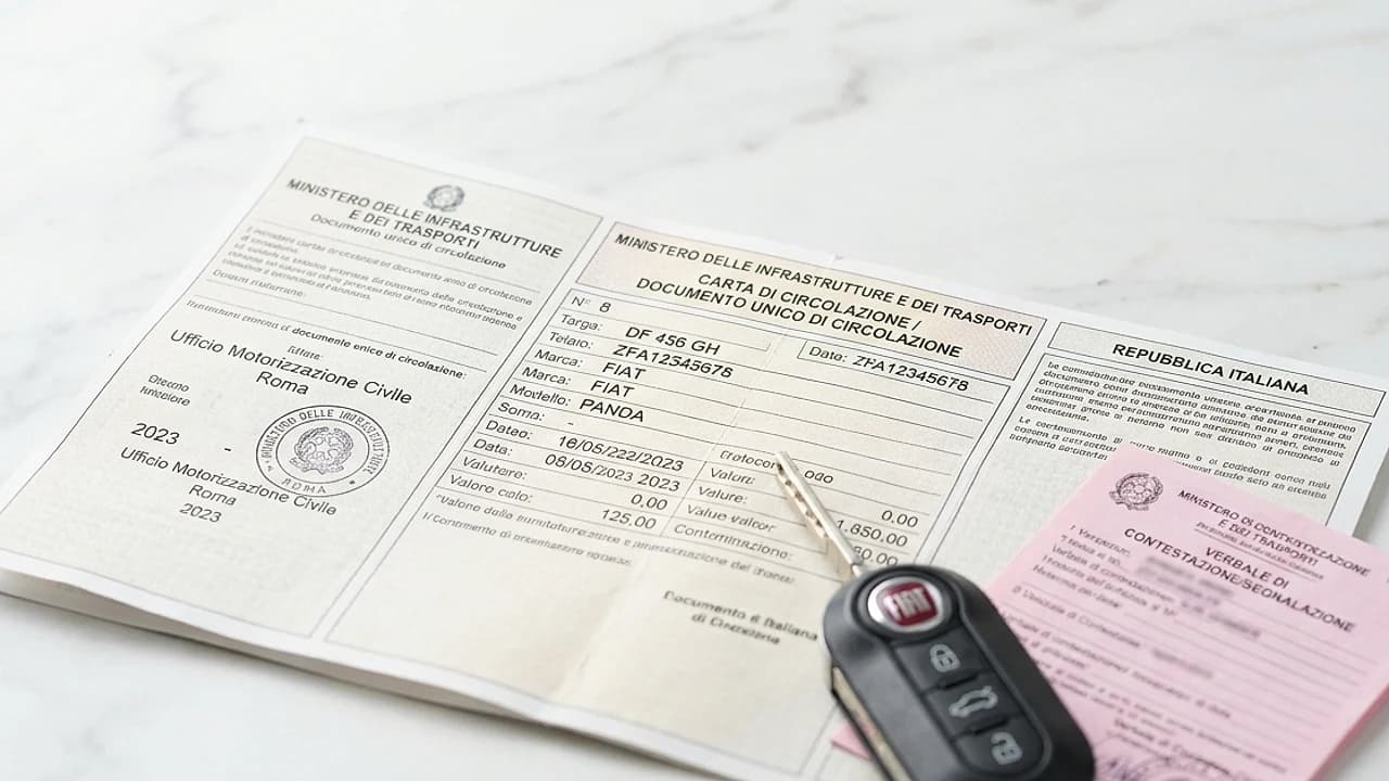 Carta di circolazione italiana smarrita accanto a denuncia e permesso provvisorio su scrivania luminosa
