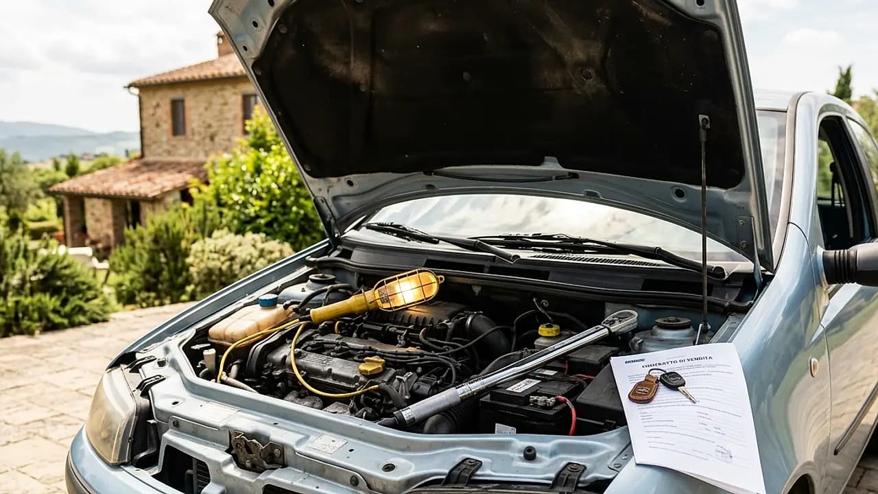 Auto usata su piazzale controllata da un meccanico prima dell'acquisto tra privati, con chiavi e contratto sul cofano