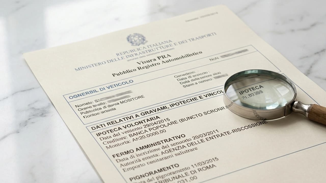 Visura PRA cartacea con elenco gravami ipoteca fermo amministrativo e pignoramento, lente d'ingrandimento appoggiata sul documento per verifica auto usata 2026