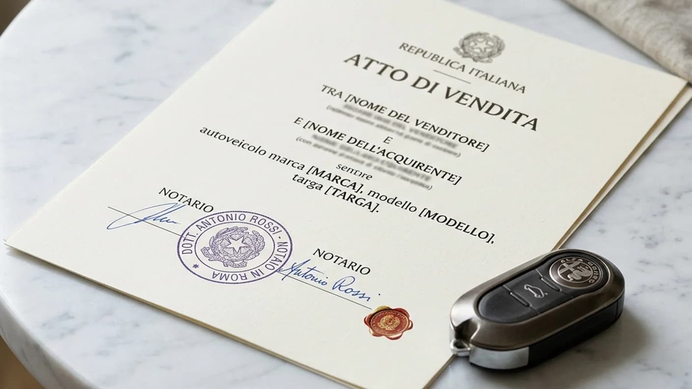 Atto di vendita auto con timbro di autenticazione e chiave su marmo bianco — passaggio di proprietà al PRA 2026