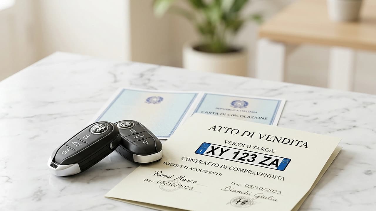 Due chiavi d'auto e un atto di vendita su marmo chiaro, simbolo del passaggio di proprietà di un'auto cointestata.