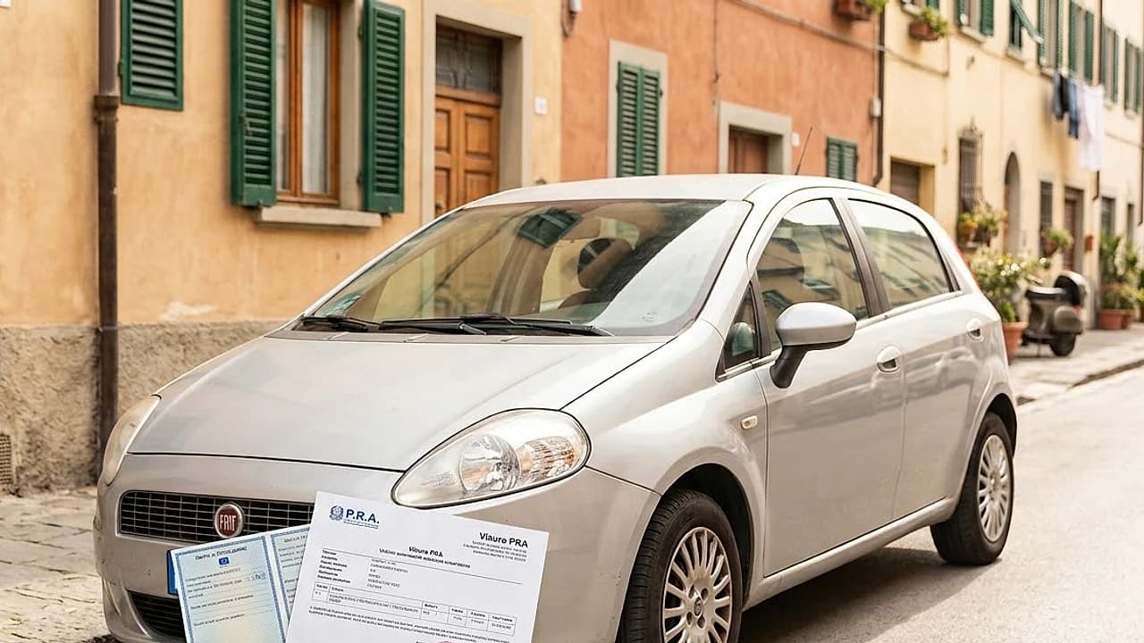 Auto usata parcheggiata con visura PRA e documento di fermo amministrativo per il passaggio di proprietà 2026