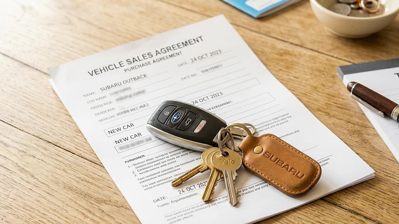 Chiavi dell'auto e documento di vendita su un tavolo di casa: passaggio di proprietà auto tra parenti 2026