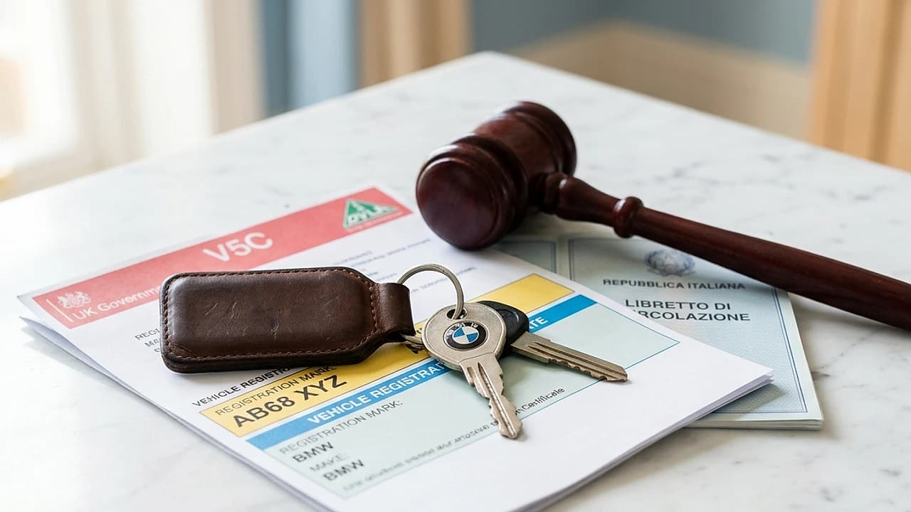 Chiavi auto e martelletto del giudice su un documento del Pubblico Registro Automobilistico per il pignoramento auto 2026