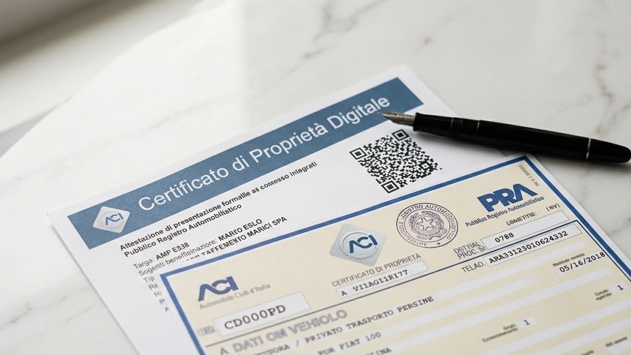 Certificato di Proprietà Digitale e documento PRA ufficiale su superficie in marmo bianco, stiloigrafia sul lato