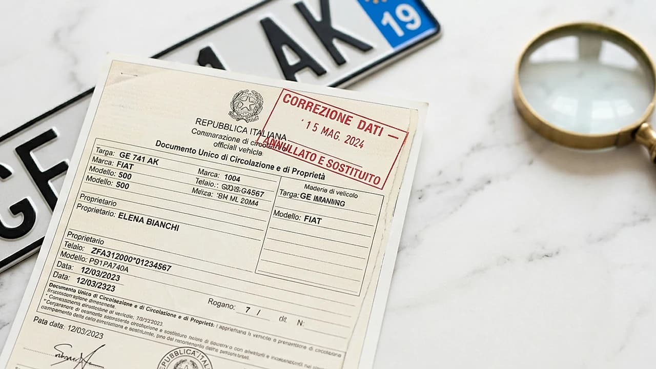 Documento Unico auto con targa italiana su superficie bianca, visura PRA accanto, rettifica dati intestazione 2026