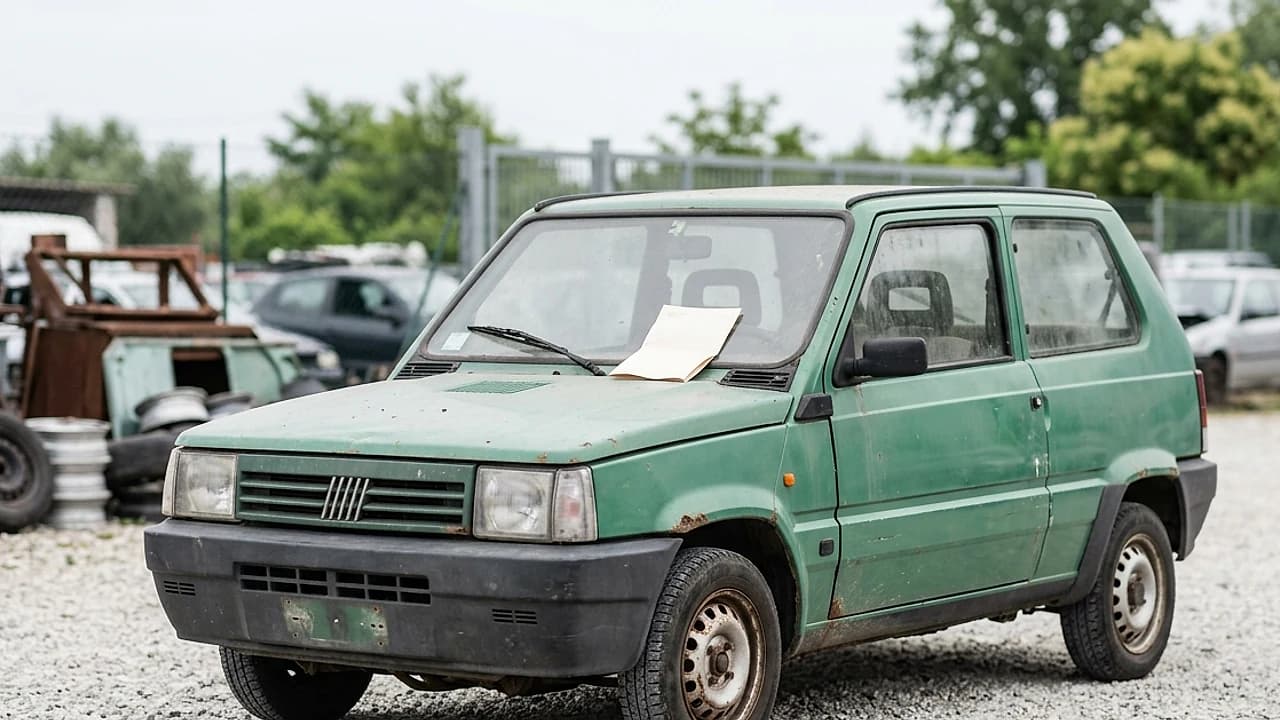 Vecchia auto in un centro di raccolta autorizzato senza targhe, pronta per la rottamazione senza documenti nel 2026.