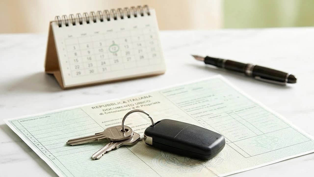 Chiavi d'auto e Documento Unico accanto a un calendario con 60 giorni segnati: tempi del passaggio di proprietà auto