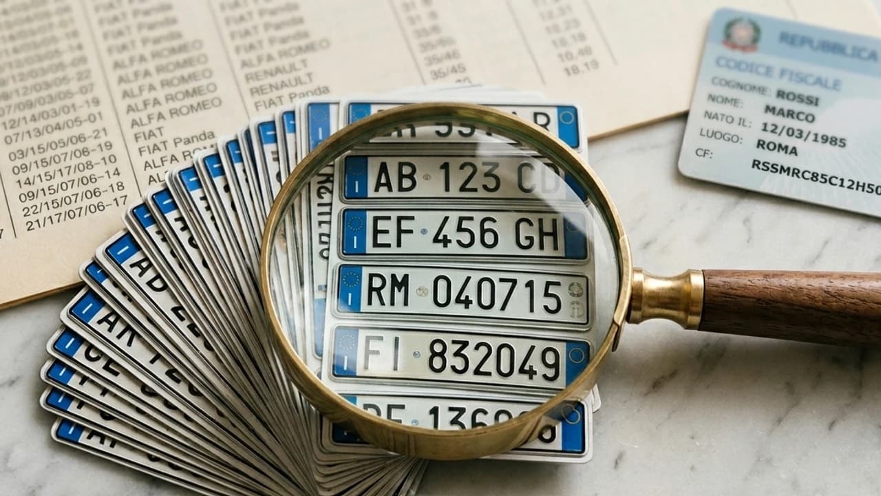 Visura PRA nominativa con elenco veicoli, codice fiscale e lente di ingrandimento — verifica auto intestate a una persona