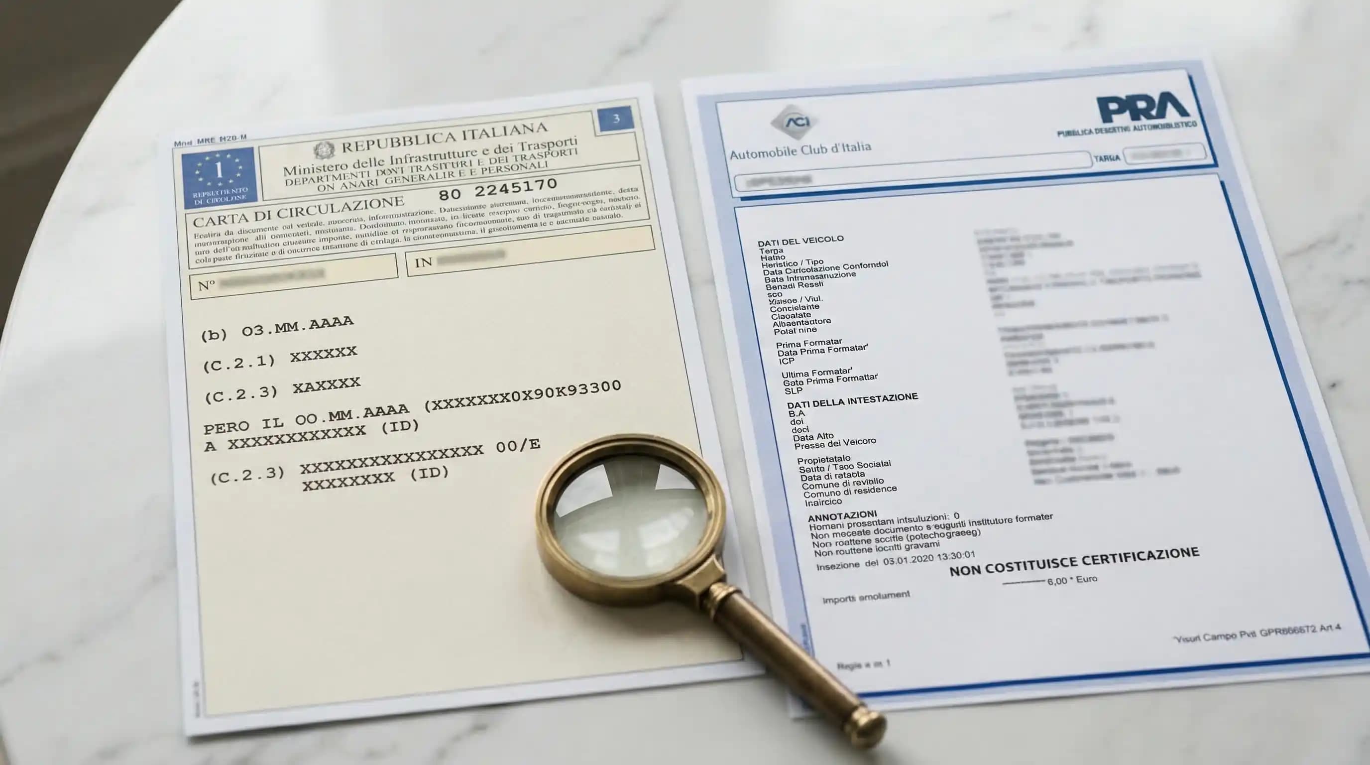 Documento Unico di circolazione e visura PRA ufficiale su sfondo marmo — verifica targa auto online