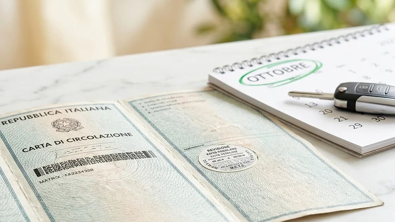 Carta di circolazione con etichetta della revisione accanto a un calendario da tavolo per il calcolo della scadenza