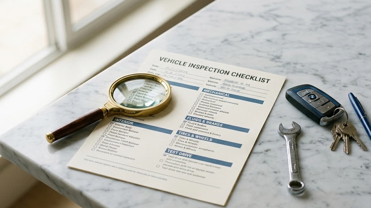 Checklist revisione auto 2026 su superficie in marmo bianco con chiave e documenti, luce naturale