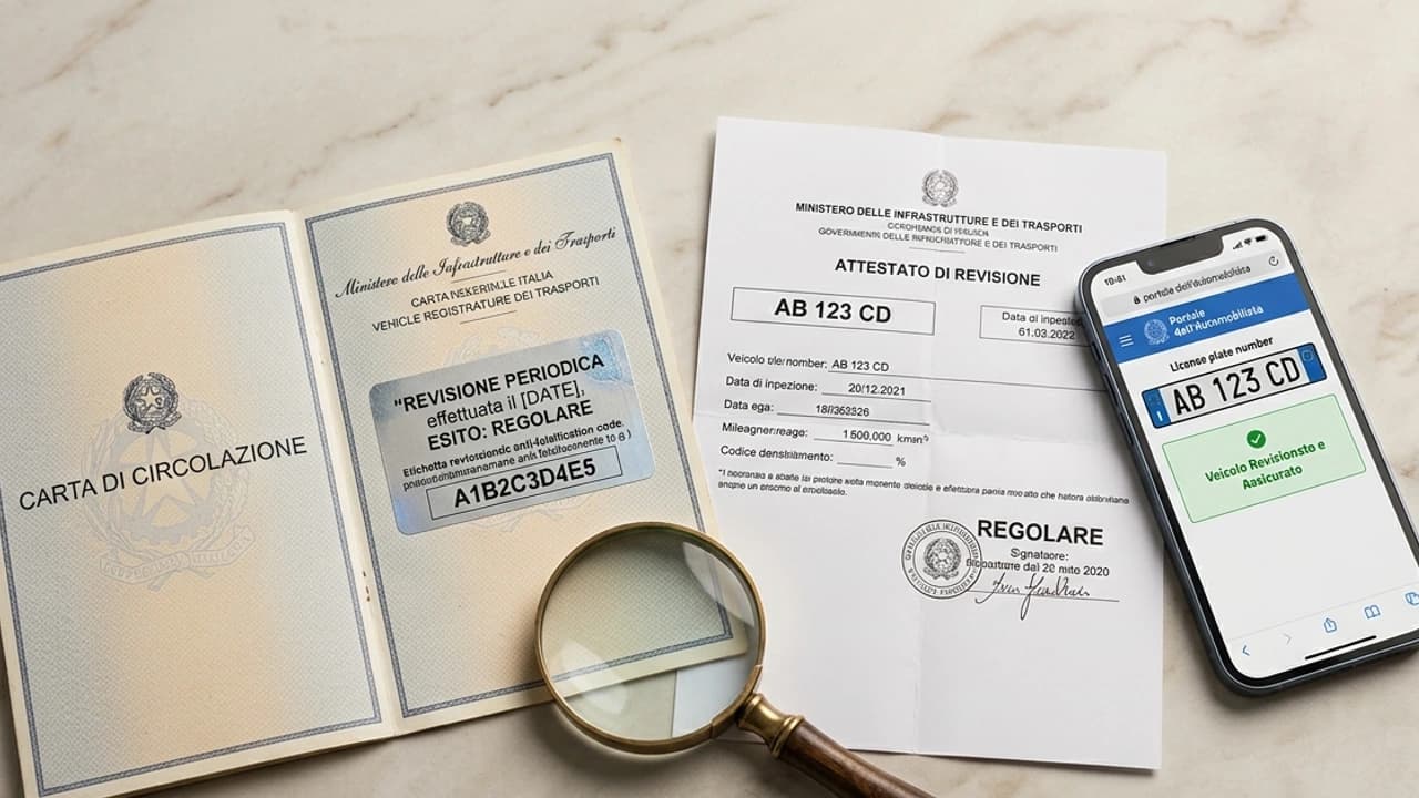 Carta di circolazione con etichetta di revisione e codice antifalsificazione accanto a smartphone che mostra la verifica revisione per targa sul Portale dell'Automobilista