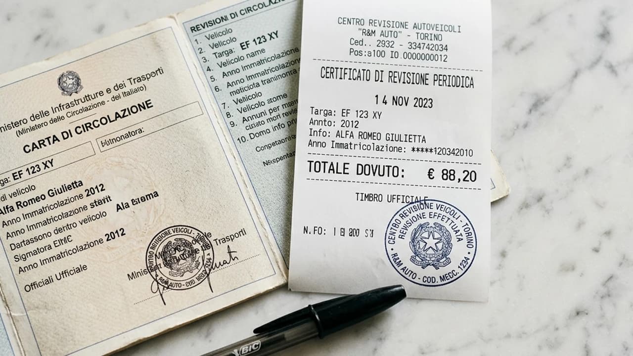 Libretto di circolazione auto e ricevuta revisione 2026 su sfondo chiaro con timbro ufficiale e penna