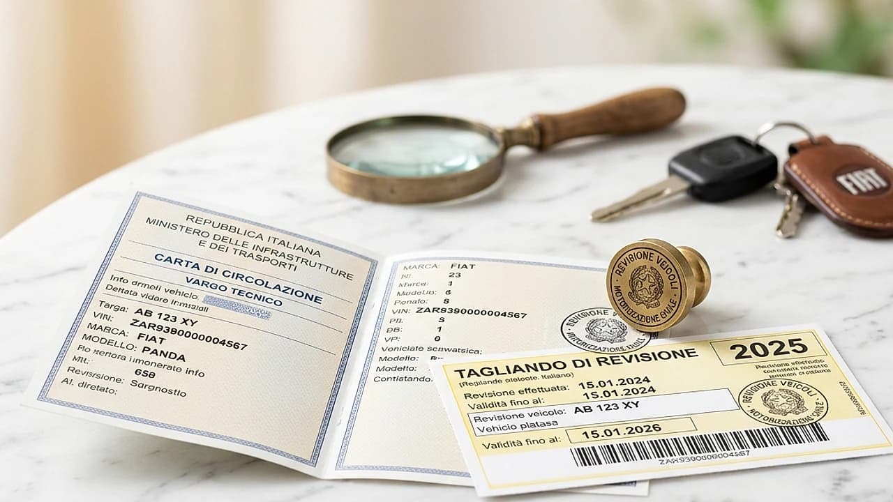 Tagliando di revisione e carta di circolazione su scrivania chiara, duplicato certificato di revisione 2026