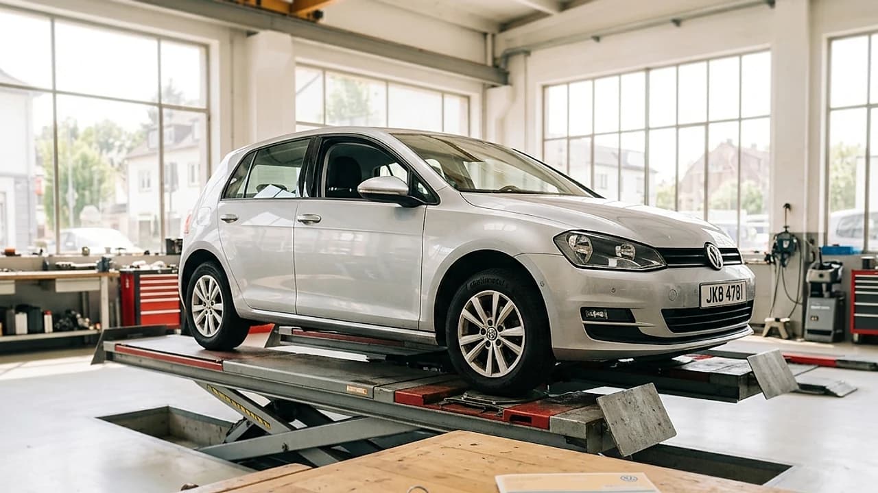 Auto usata in officina con revisione scaduta e documenti del passaggio di proprietà 2026 su un banco