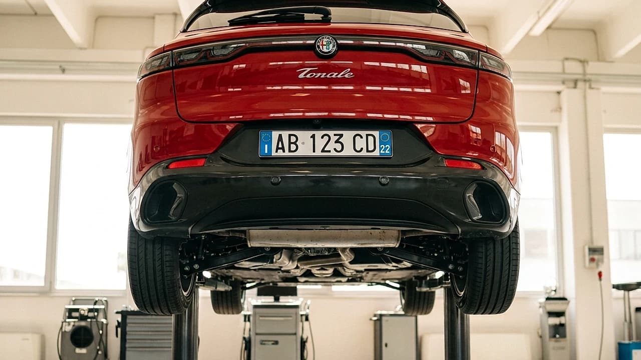 Auto nuova su ponte sollevatore in officina per la prima revisione, con targa italiana in primo piano