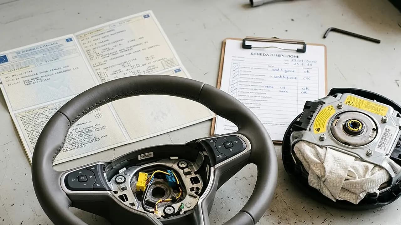 Volante d'auto con il modulo airbag smontato accanto a una carta di circolazione sul banco di un centro revisione