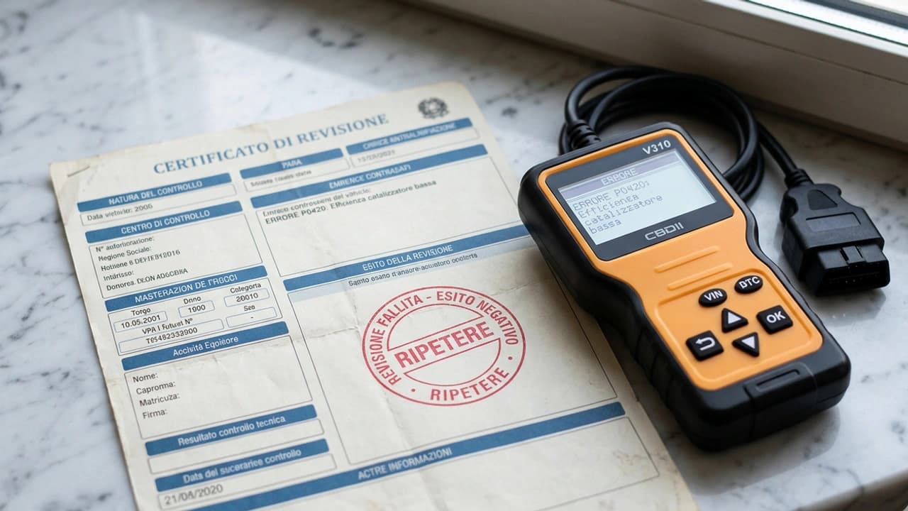 Documento di esito negativo revisione auto e lettore OBD diagnostico su sfondo marmo bianco — guida alla revisione bocciata 2026